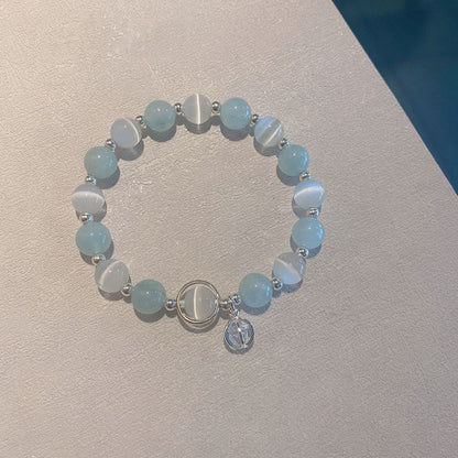 Pulsera con dije de ojo de gato y aguamarina de plata de ley 925 con piedras de Buda