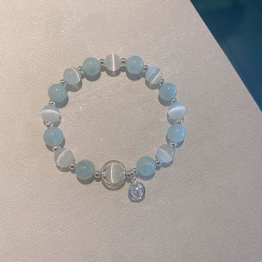 Pulsera con dije de ojo de gato y aguamarina de plata de ley 925 con piedras de Buda