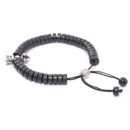 Pulsera de hilo de la felicidad con campana Vajra Dorje Om Mani Padme Hum tallada en cáscara de coco del Tíbet con piedras de Buda 