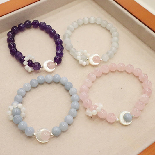 Buddha Stones Armband aus 925er Sterlingsilber, natürlicher Amethyst, Aquamarin, rosa Kristall, Katzenauge, Heilung, Halbmond 