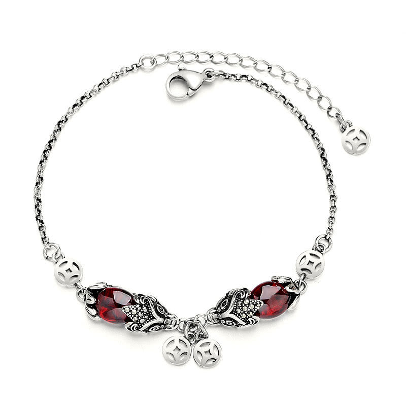Pulsera de cadena protectora con moneda de cobre y doble PiXiu de granate y piedras de Buda 
