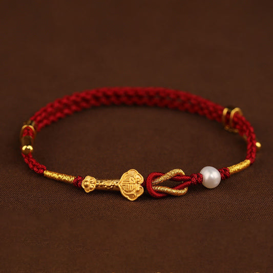 Pulsera trenzada de oro de 24 quilates con piedras de Buda, mango de Ruyi, personaje Fu, perla de conejo y suerte 