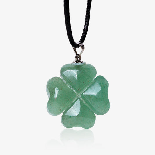 Collar con colgante de cuerda de cuero con trébol de cuatro hojas y aventurina verde en plata de ley 925 con piedras de Buda