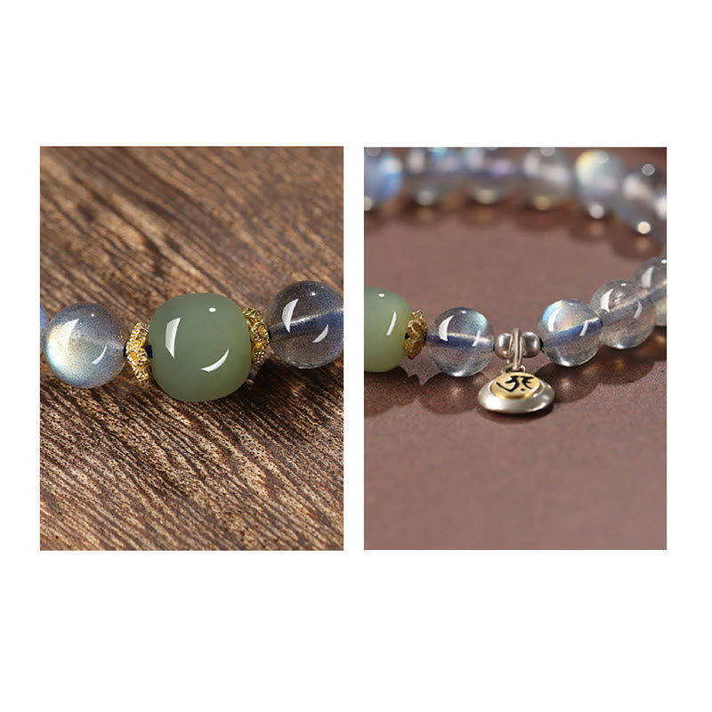 Pulsera positiva de jade hetiano con piedras de Buda del zodíaco chino, plata de ley 925 y piedra lunar natural. 