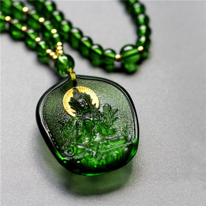 Collar con colgante de protección de cristal Liuli bañado en oro con piedras de Buda Tara Verde tibetano 