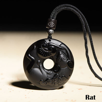 Collar con colgante de obsidiana negra natural con piedras de Buda y hebilla de fuerza del zodiaco chino