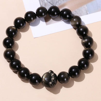 Pulsera de riqueza con garra de gato y obsidiana con brillo dorado natural y obsidiana con brillo plateado. 
