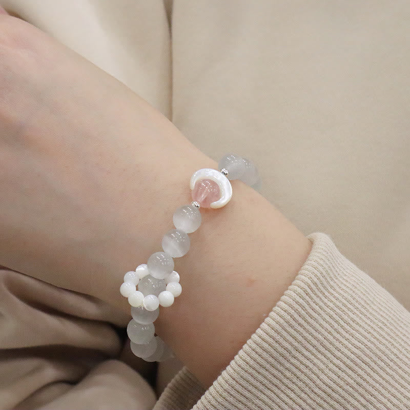 Pulsera de plata de ley 925 con amatista natural, aguamarina y cristal rosa, ojo de gato y luna creciente curativa. 