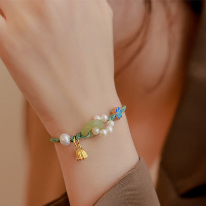 Buddha Stones Natürliche Hetian Jade Peace Buckle Pearl Luck Handgefertigtes geflochtenes Armband