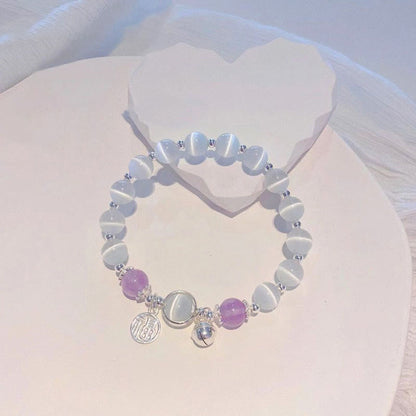Pulsera de soporte con dije de campana con carácter Fu de amatista y ojo de gato de piedras de Buda
