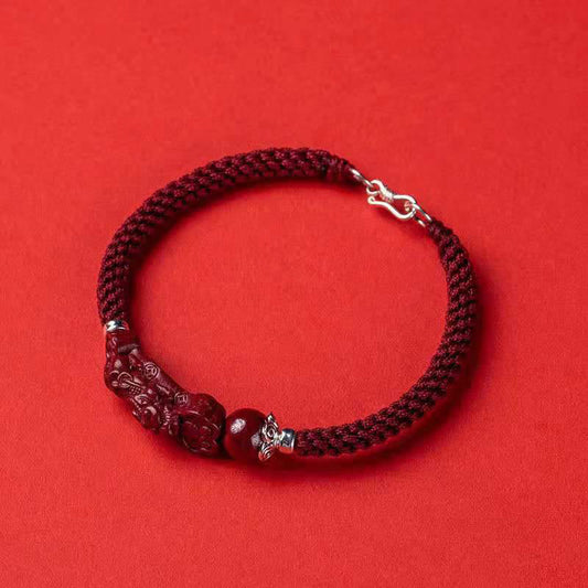 Pulsera trenzada de PiXiu Cinabrio para la Riqueza y la Suerte, hecha a mano con piedras de Buda