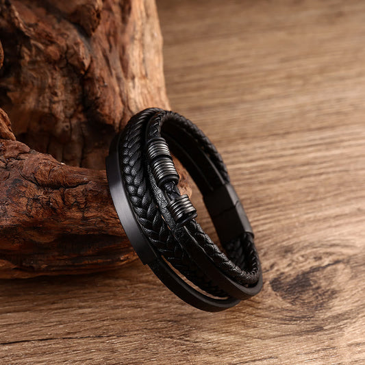 Buddha Stones Lederarmband, mehrschichtig, Titanstahl, geflochten, mit Magnetschnalle