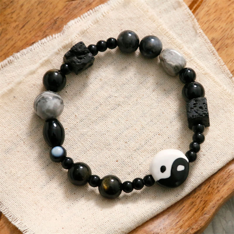 Pulsera de protección de la fortuna Yin Yang con cuentas de jaspe Picasso de ónix negro y piedras de Buda