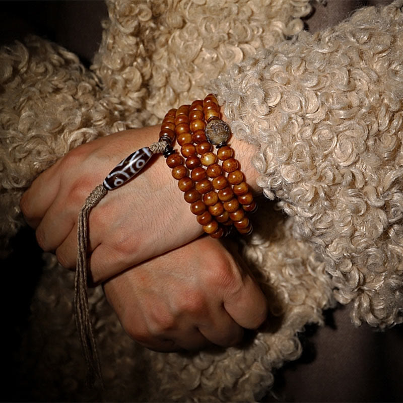 Pulsera tibetana de 108 cuentas Mala de hueso de yak con tres ojos de Dzi y piedras de Buda para alejar los malos espíritus.