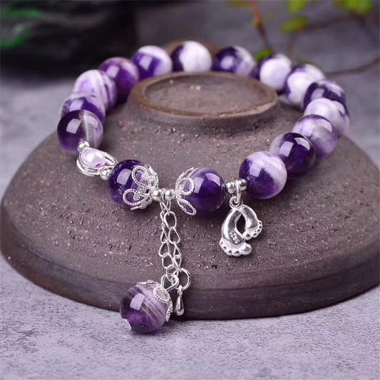 Buddha Stones 925 Sterling Silber Natürlicher Amethyst Heilende Füße Liebesherz Charm Armband 