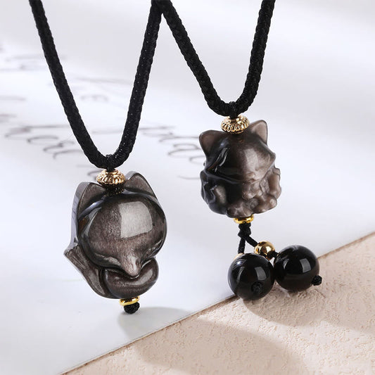 Collar con colgante de zorro de nueve colas de obsidiana con brillo de plata natural y piedras de Buda 