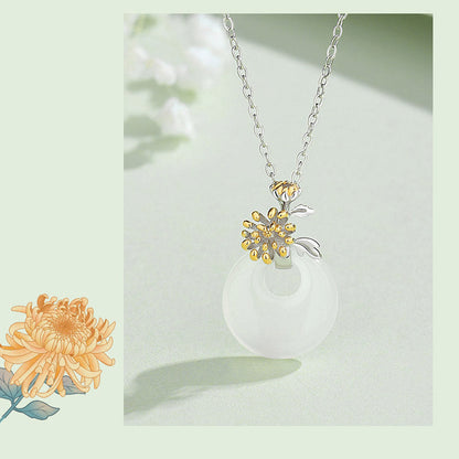 Collar con colgante de flor de armonía de doce meses de calcedonia redonda de plata de ley 925 con piedras de Buda 