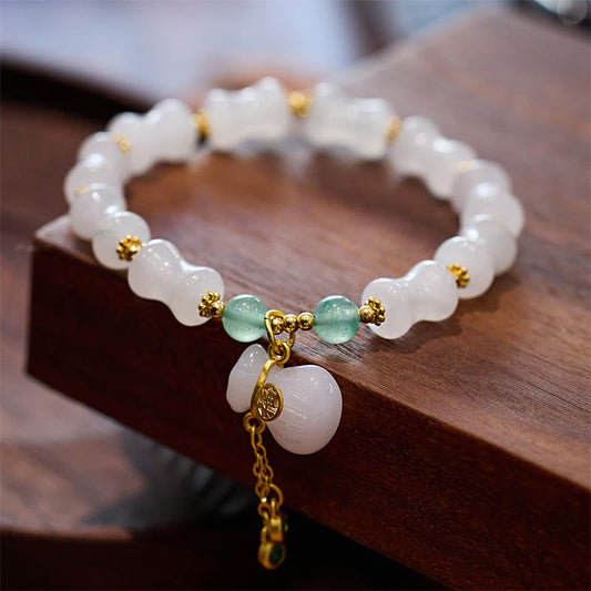 Pulsera con piedras de Buda, jade blanco natural, seda dorada, bambú, bolsa de la suerte, personaje Fu 