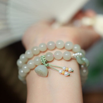 Pulsera de doble vuelta con piedras de Buda, jade hetiano, doble hebilla de paz y suerte de loto en plata de ley 925