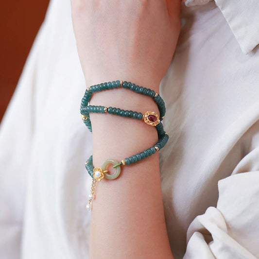 Pulsera de tres vueltas con piedras de Buda, plata de ley 925, chapada en oro, con flor de jade cian y hebilla de paz