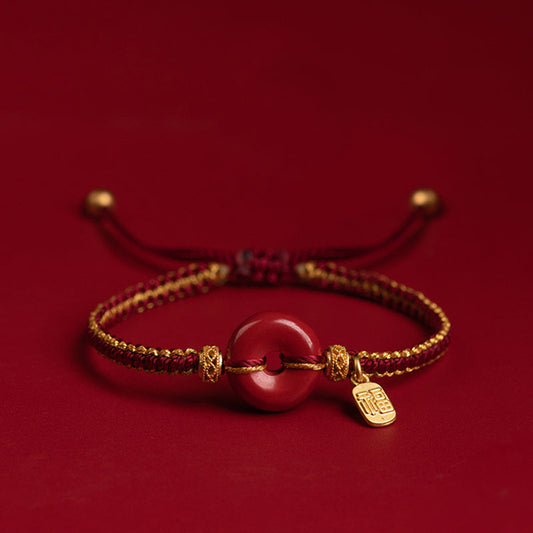 Pulsera trenzada con encanto de bendición de Fu y hebilla de paz de cinabrio natural de Buda