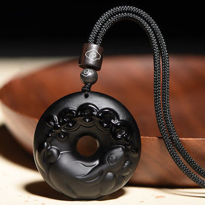 Collar con colgante de obsidiana negra natural con piedras de Buda y hebilla de fuerza del zodiaco chino