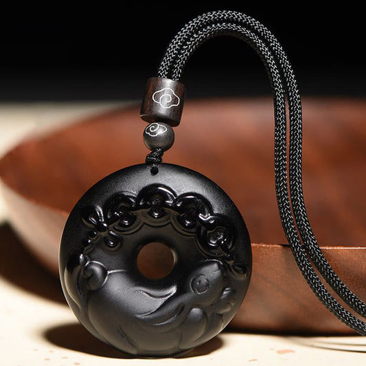 Buddha-Steine, chinesisches Sternzeichen, natürlicher schwarzer Obsidian, Friedensschnalle, Stärke, Halskettenanhänger
