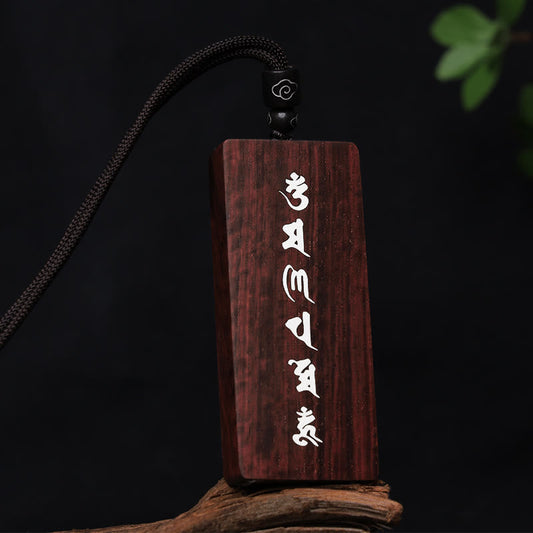 Buddha Stones Halskettenanhänger aus 999er Sterlingsilber mit kleinem Blatt, rotem Sandelholz und Ebenholz, Om Mani Padme Hum, eingelegter Schutz