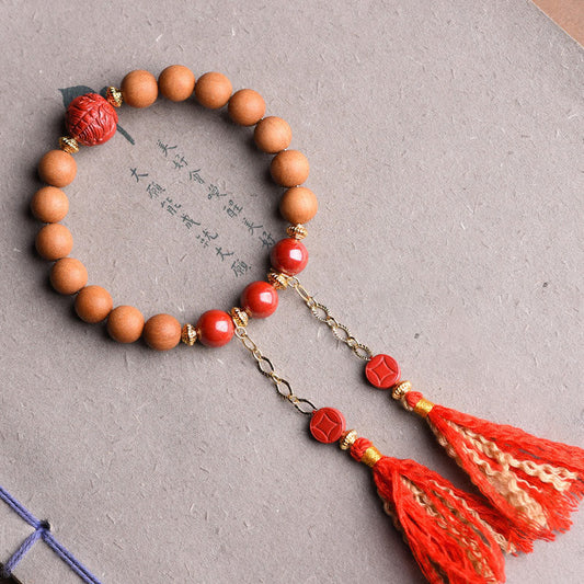 Pulsera de borlas de PiXiu con piedras de Buda tibetanas de madera de melocotón natural y cinabrio 