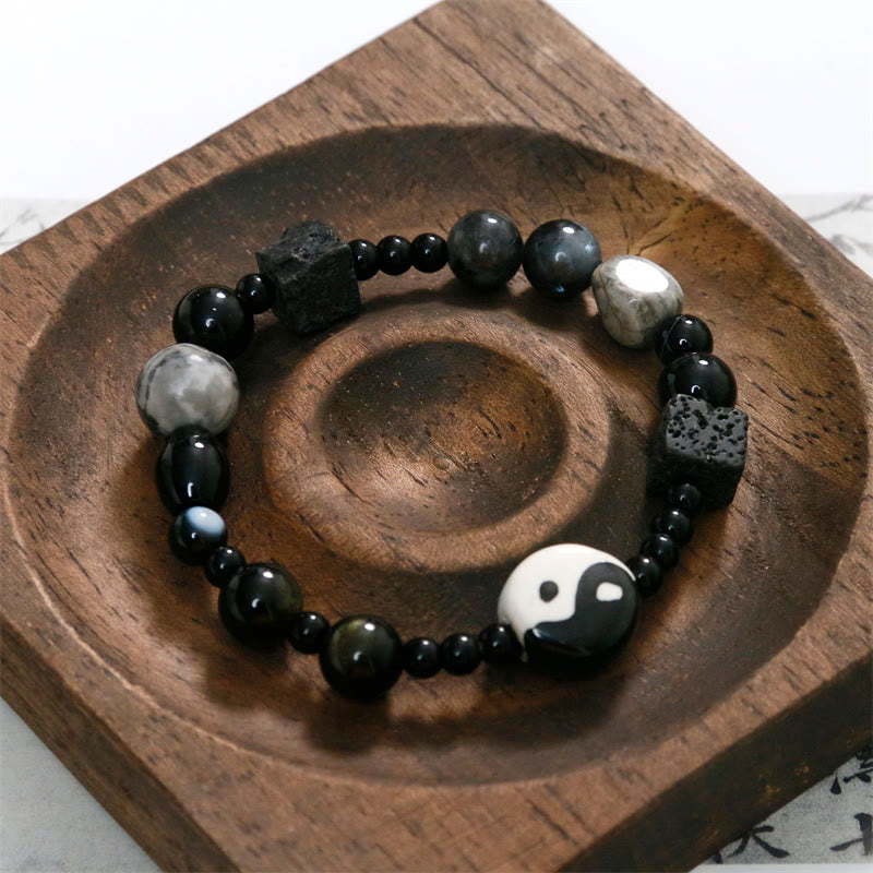 Pulsera de protección de la fortuna Yin Yang con cuentas de jaspe Picasso de ónix negro y piedras de Buda