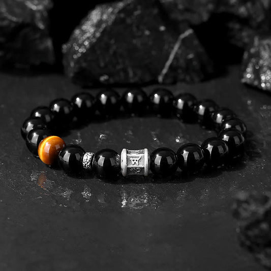 Pulsera de obsidiana negra con ojo de tigre y piedras de Buda en plata de ley 999 con el símbolo del Om Mani Padme Hum 