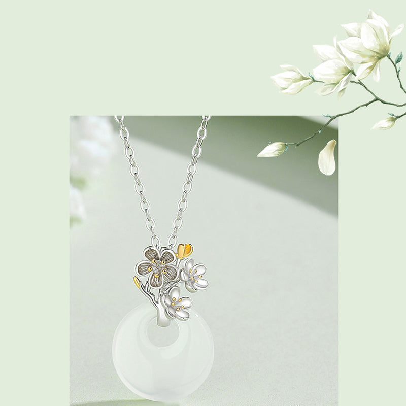 Collar con colgante de flor de armonía de doce meses de calcedonia redonda de plata de ley 925 con piedras de Buda 