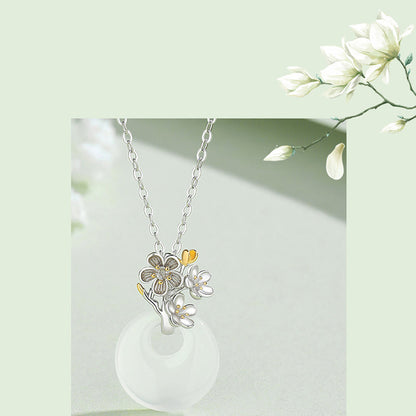 Collar con colgante de flor de armonía de doce meses de calcedonia redonda de plata de ley 925 con piedras de Buda 
