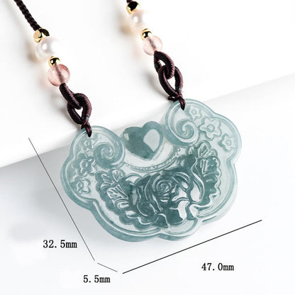 Collar con colgante de flor de peonía de jade natural y piedras de Buda con candado de buenos deseos y prosperidad