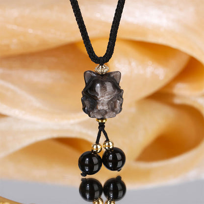 Collar con colgante de zorro de nueve colas de obsidiana con brillo de plata natural y piedras de Buda 