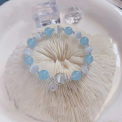 Pulsera con dije de ojo de gato y aguamarina de plata de ley 925 con piedras de Buda