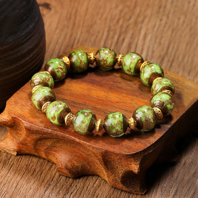 Buddha Stones Gold Swallowing Beast Family Charm Liuli Glass Bead Fortune Bracelet - Touch Bling