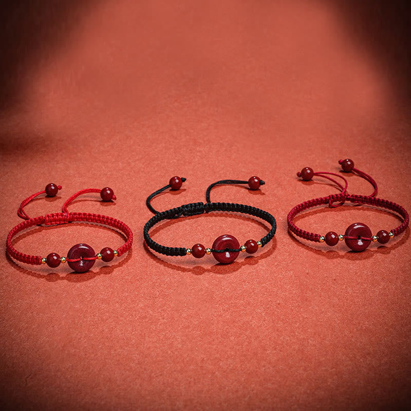 Buddha Stones Natürliches Zinnober-Armband mit Friedensschnalle und Segensschnur 