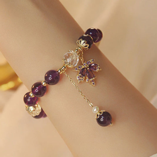 Pulsera con dije de hoja de arce curativa de amatista natural bañada en oro de 14 quilates con piedras de Buda 