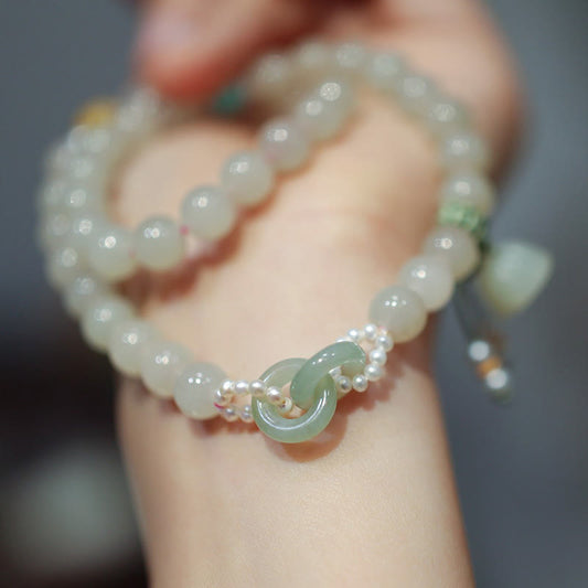 Buddha Stones 925 Sterling Silber Hetian Jade Doppelte Peace-Schnalle Lotus Glück Doppeltes Wickelarmband