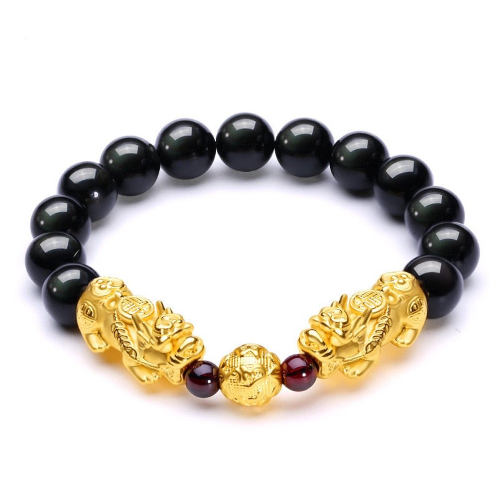 Fortune Stability Double Pixiu in Black & Red Agate Charm Bracelet
