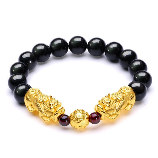 Fortune Stability Double Pixiu in Black & Red Agate Charm Bracelet