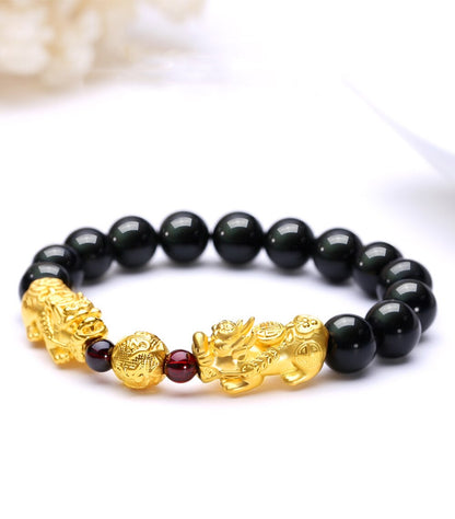 Fortune Stability Double Pixiu in Black & Red Agate Charm Bracelet