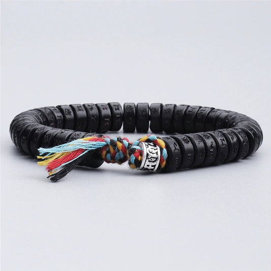 Tibetan Lucky  Black Coconut Shell Braided Bracelet,  Meditation Bracelet, Mens Bracelet