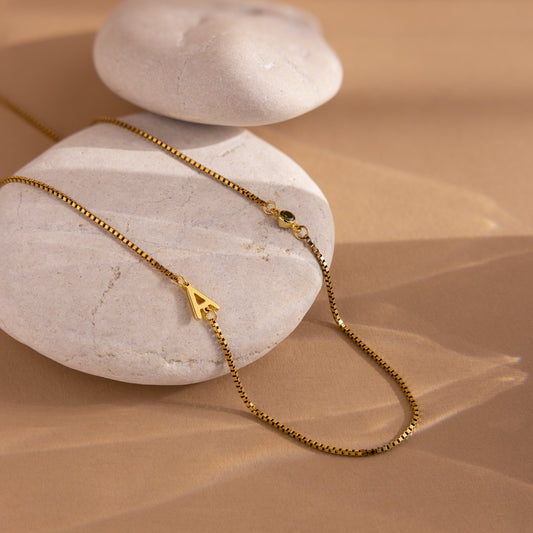 Collar con inicial de piedra de nacimiento en cadena de caja