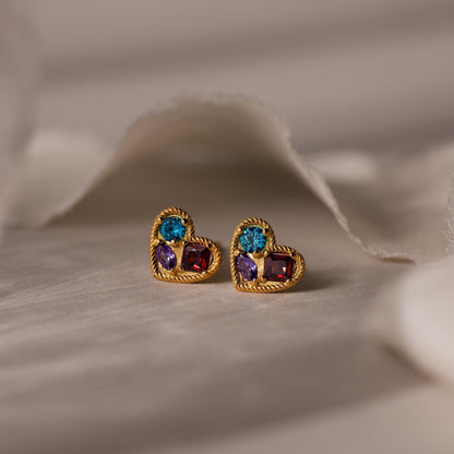 Mixed Birthstone Heart Studs