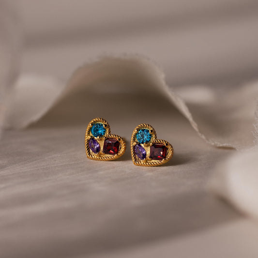 Mixed Birthstone Heart Studs
