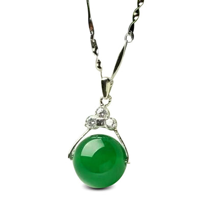 Natural Green Jade Money Wealth Ball Silver Necklace