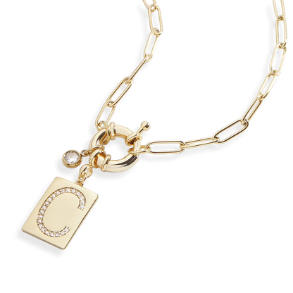 Pave Initial Pendant Necklace with Paperclip Chain