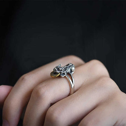 Pixiu Eating A Lucky Coin Fortune Ring